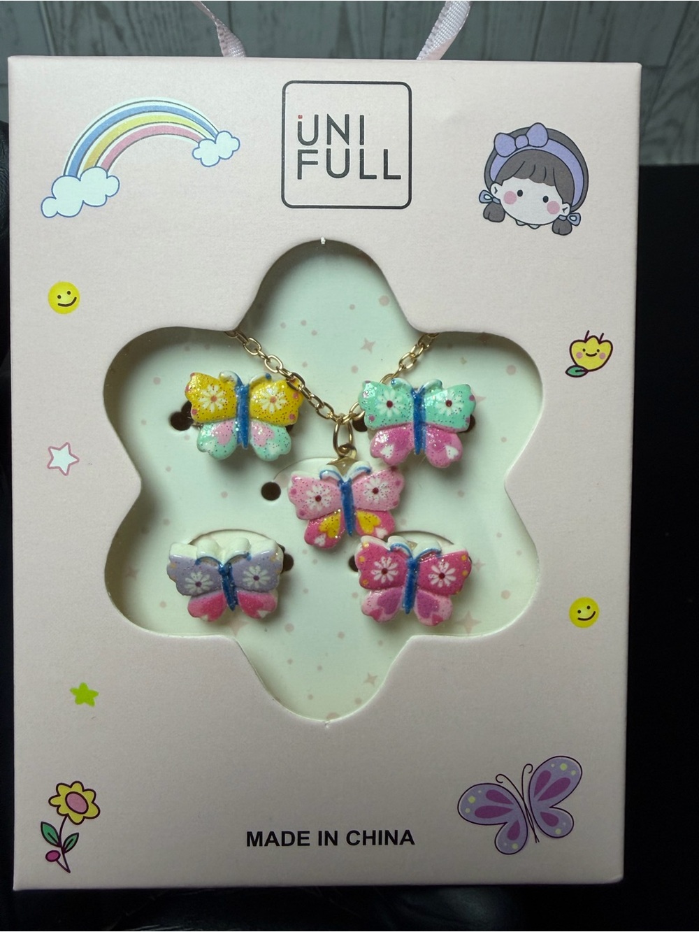 5pc Kids Butterfly Necklace and Ring Set - Pastel Multicolor